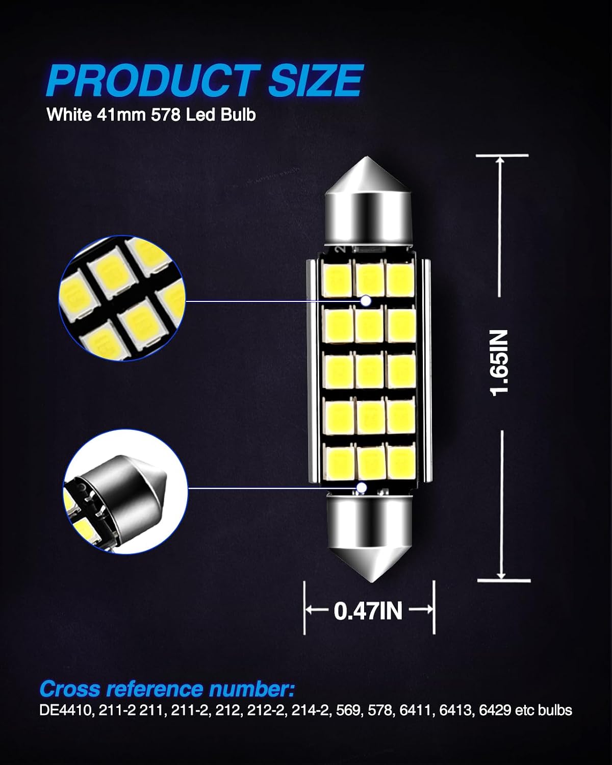 Marsauto 578 LED Bulbs Extremely Bright 400LM 2835 Chipsets for LED Interior Dome Map Door Lights Bulbs 211-2 212-2 569 6411 6451 41mm 42mm 1.65inch 6500K White RV Exterior Lighting (Pack of 4)
