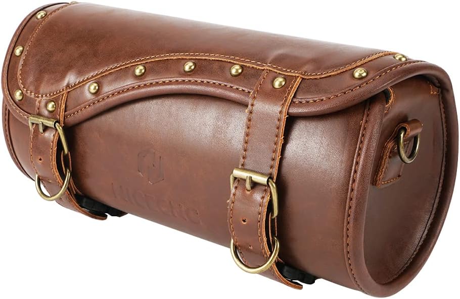 NICECNC Vintage Crazy Horse Lines Motorcycle Handlebar Bag - Universal Saddle Bag with Reinforced Straps, Brown