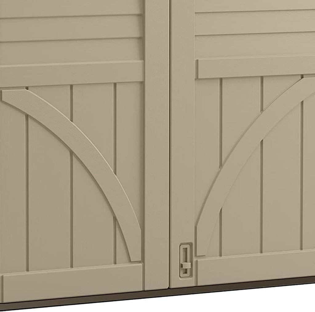 suncast horizontal shed, compact outdoor storage system, 34, front angle view