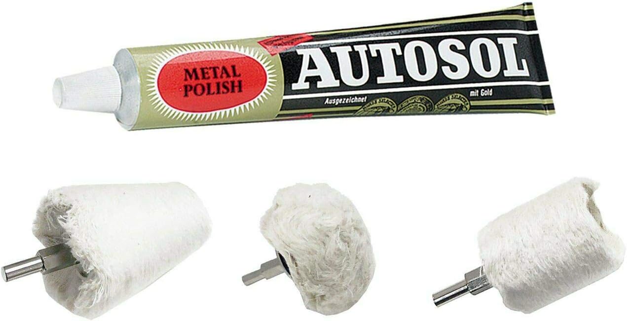 Autosol Metal Chrome Aluminum Polish Buffer with 3pc Drill Buff Kit - 3.5 Ounce Tube