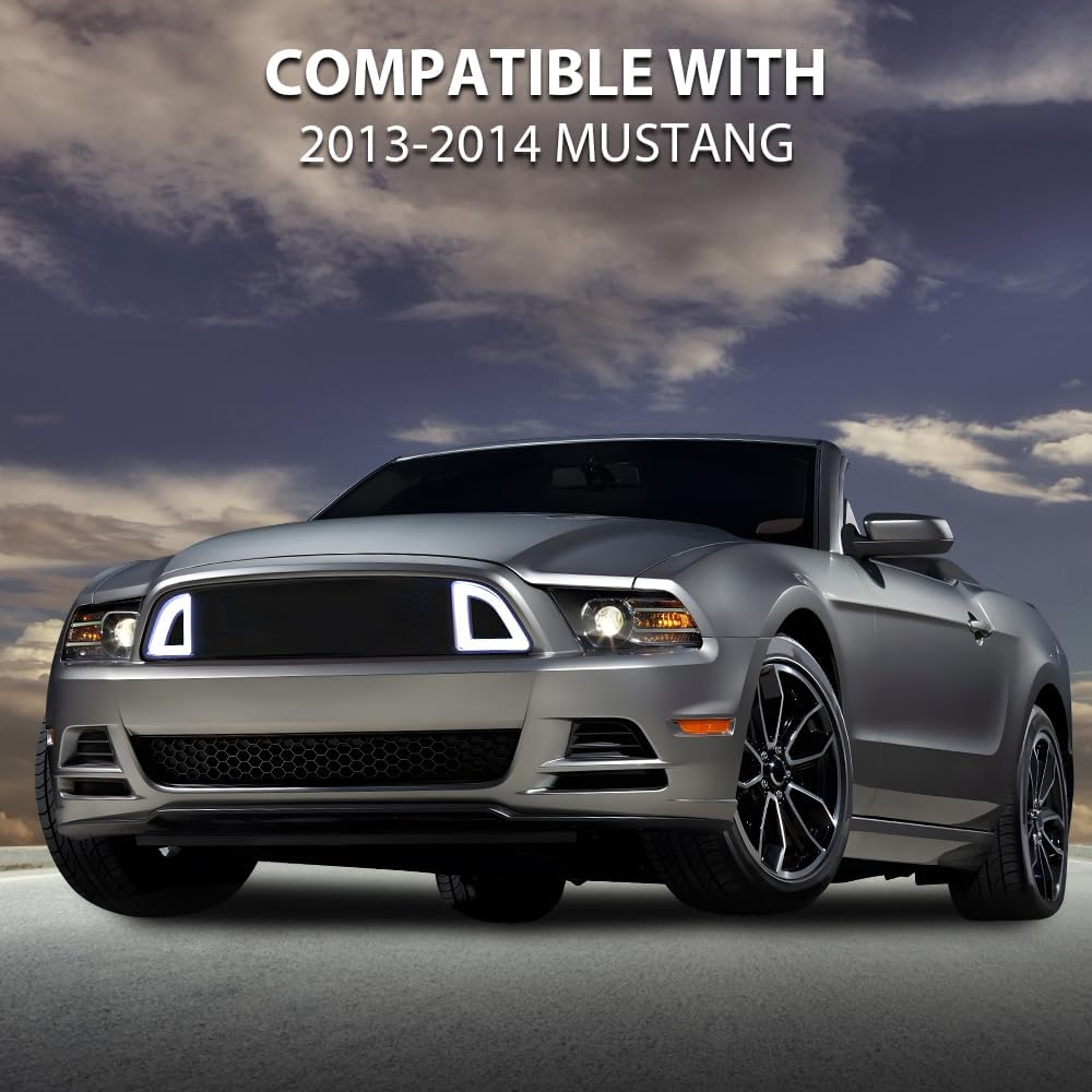 PIT66 Upper Grille with DRL LED Lights Fit 2013-2014 Ford Mustang | DRL Accent Vent Lights Not Fit Except Shelby Models, Honeycomb Mesh Design, Direct Replacement, DR3Z8200AB, FO1200590