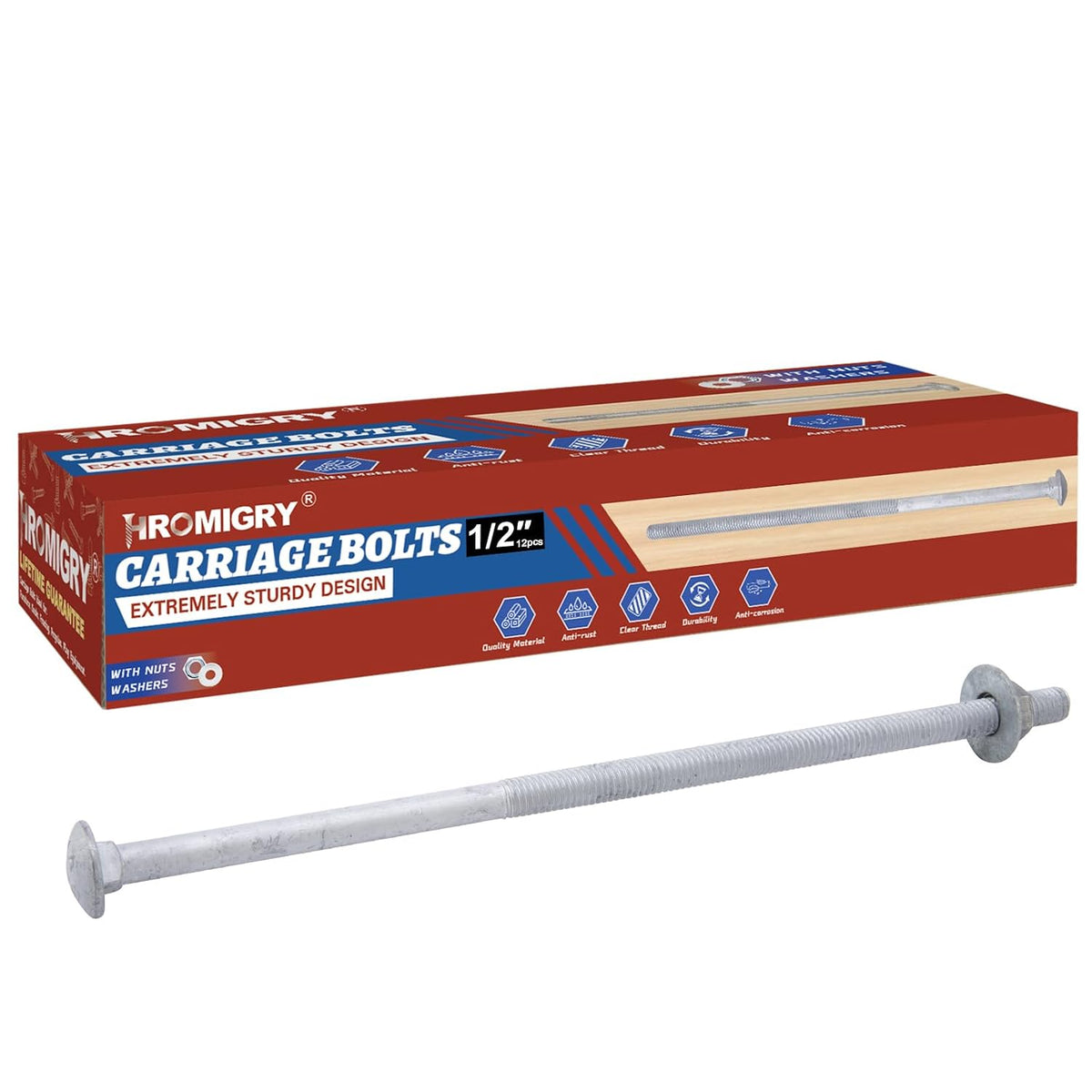 1/2" x 10" carriage bolts (12 pcs), hot, main product view