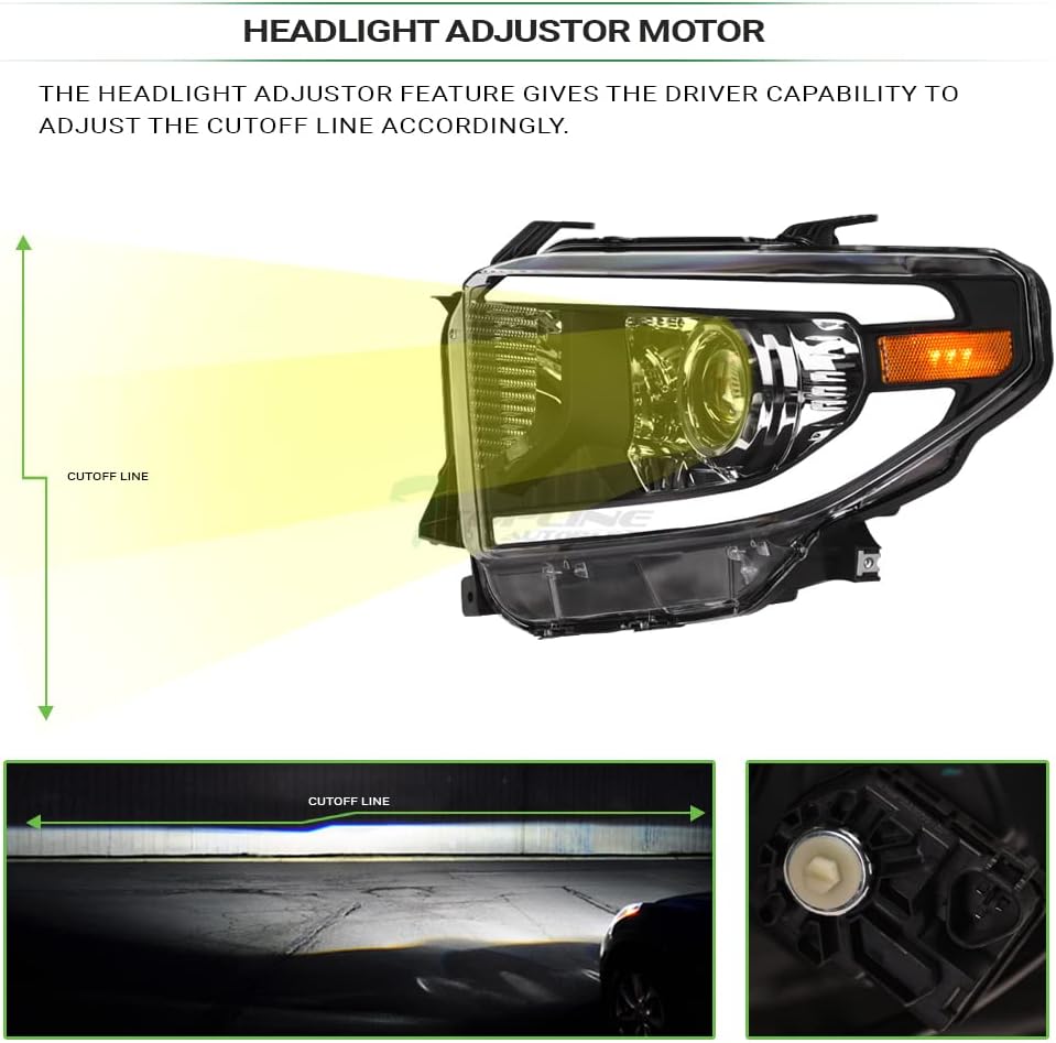 Switchback Sequential LED Strip Tube Bar Black Housing Projector Headlights Amber Reflector nb Compatible With 14-21 Toyota Tundra With Level Adjuster
