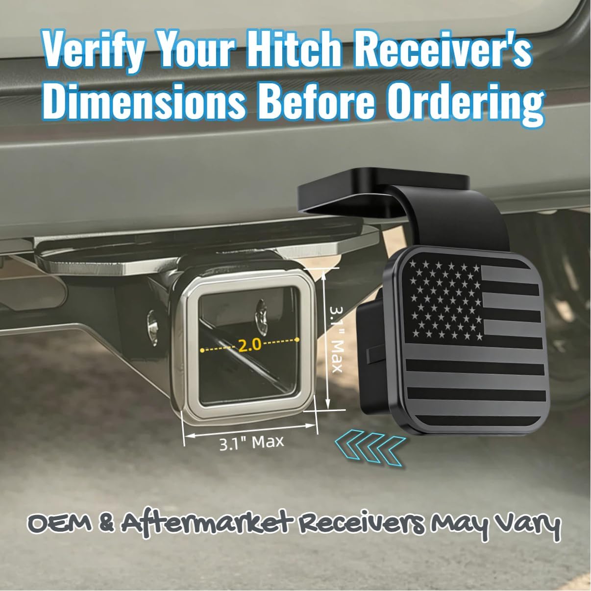 2" Hitch Cover with Retention Ring, CAR-WASH-Safe, Aluminum Flag Emblem, UV-Resistant Rubber Body Formulated to Prevent Cracking in Summer, Patriotic Hitch Plug (Black)