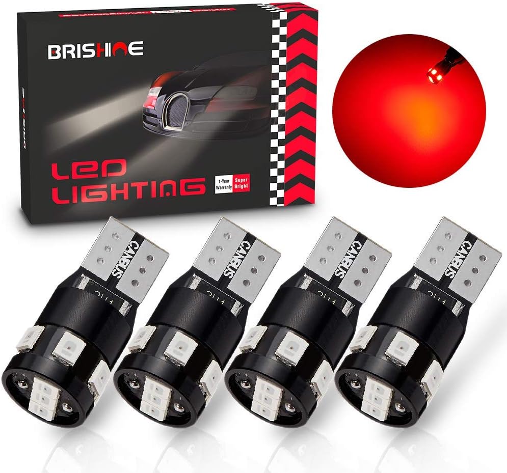 300LM Extremely Bright Canbus Error Free 194 168 2825 W5W T10 LED Bulbs Brilliant Red 9-SMD 2835 Chipsets for Map Dome Rear Side Marker Lights, Tail Center High Mount Stop Lights (Pack of 4)