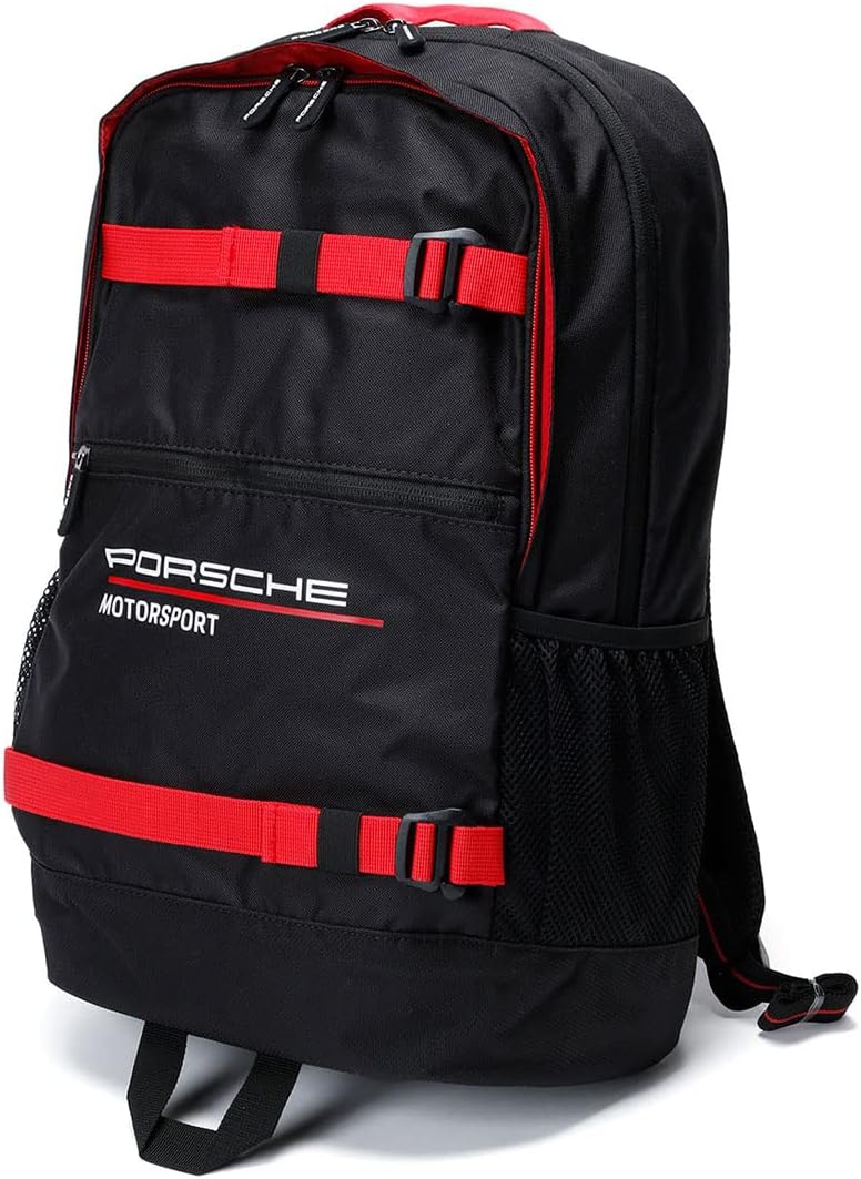 Porsche Motorsport Backpack | Padded shoulder straps and back panel, Mesh bottle side pockets, Front pocket with reverse coil zip