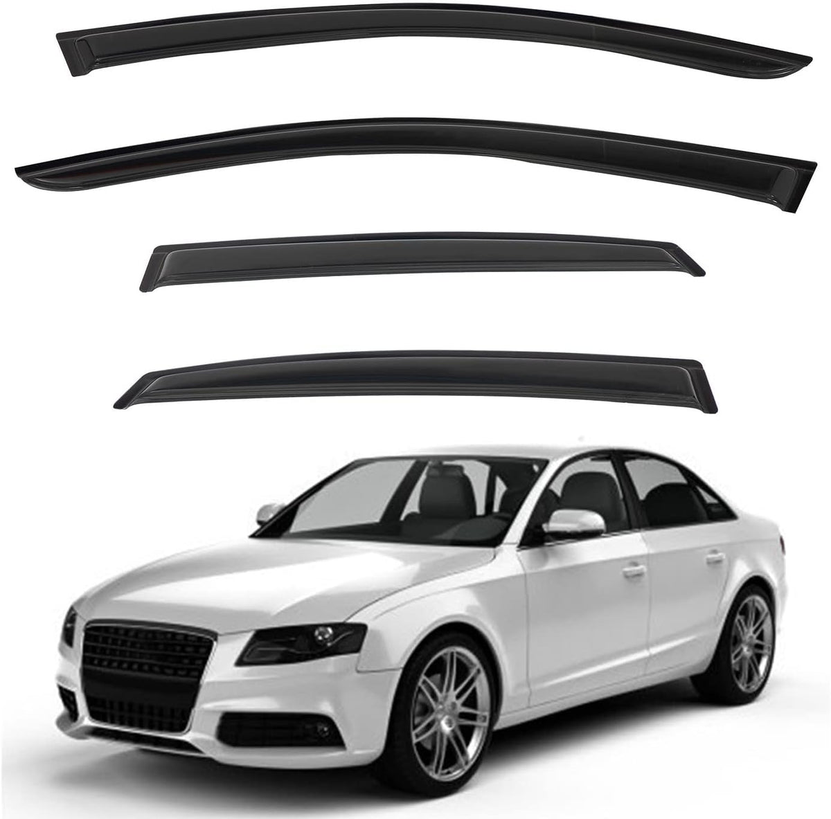 4pcs Front+Rear Smoke Tint Sun/Rain Guard Outside Mount Tape-On Vent Window