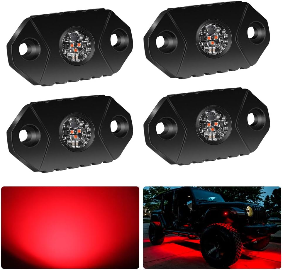 4WDKING Red LED Rock Lights, 4 Pods IP68 Waterproof Underbody Glow Trail Rig Lamp LED Neon Lights for Truck Off Road Truck Car Boat ATV SUV Motorcycle