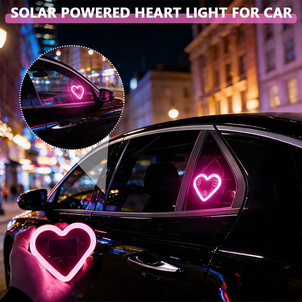 2Pcs Solar Powered Heart Light for Car, LED Wireless Ambient Lamp with 6 Modes & Vibration Sensor Can Automatically Power the Light On, Romantic Ambient Gift for Couples (Pink)