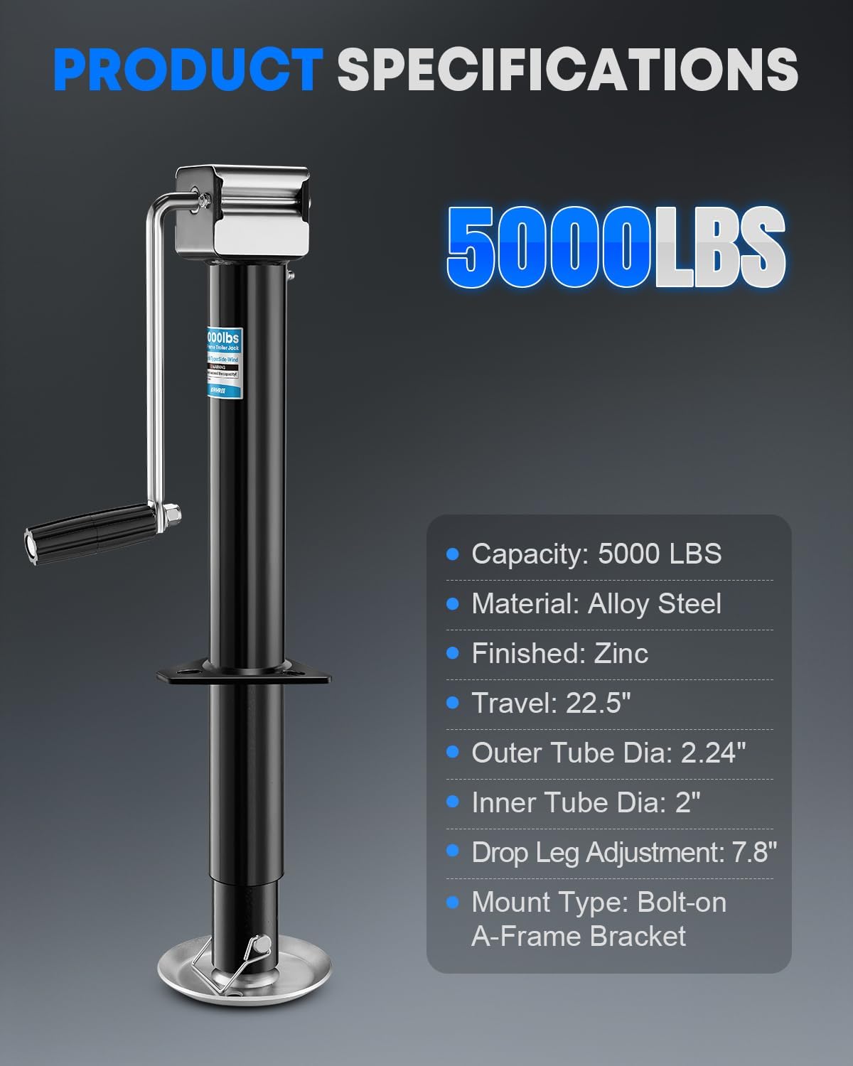 Kohree 5000 lbs A-Frame Manual Trailer Jack, 22.5" Vertical Travel, Adjustable Drop Leg RV Tongue Jack with Ergonomic Handle for Horse, Utility, Yacht, Camping Trailer
