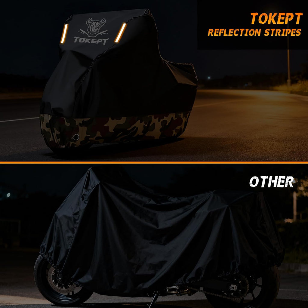 Motorcycle Cover Waterproof Outdoor All Season Weather Sun Rain Protection with Lock-Holes, Night Reflective & Storage Bag Fits up to 96" Motorcycles Powersports Vehicle Cover