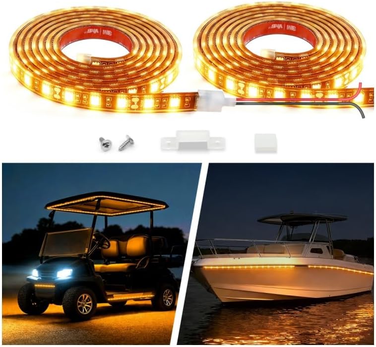12V Marine Boat LED Light Strip Super Bright, 2 Pack 6.56FT IP68 Fully Waterproof RV Front Cap Lights, Golf Cart Underglow Roof Lights Strip for Truck ATV UTV SUV Car Pickup Trailer, Cuttable, Amber
