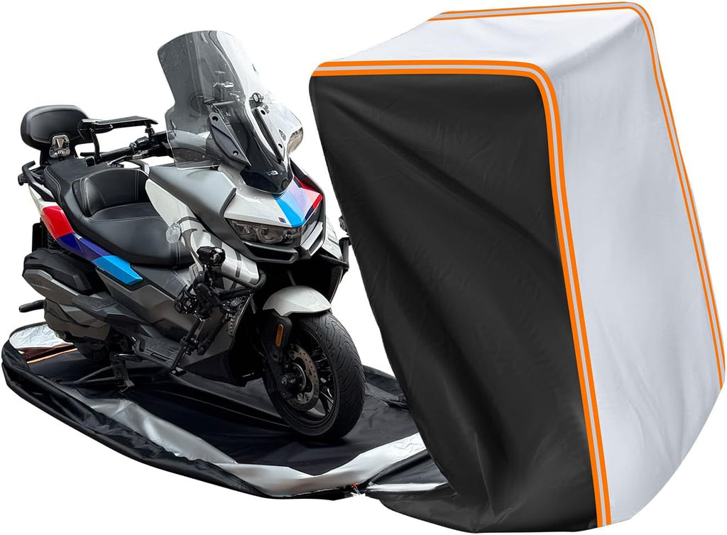 Full Enclosed Large Motorcycle Cover Waterproof Outdoor/Indoor Storage Motorcycle Cover Heavy Duty with Reflective Strips Fits Motorcycles Length up to 118" with Side+Top Box (Black+Sliver)
