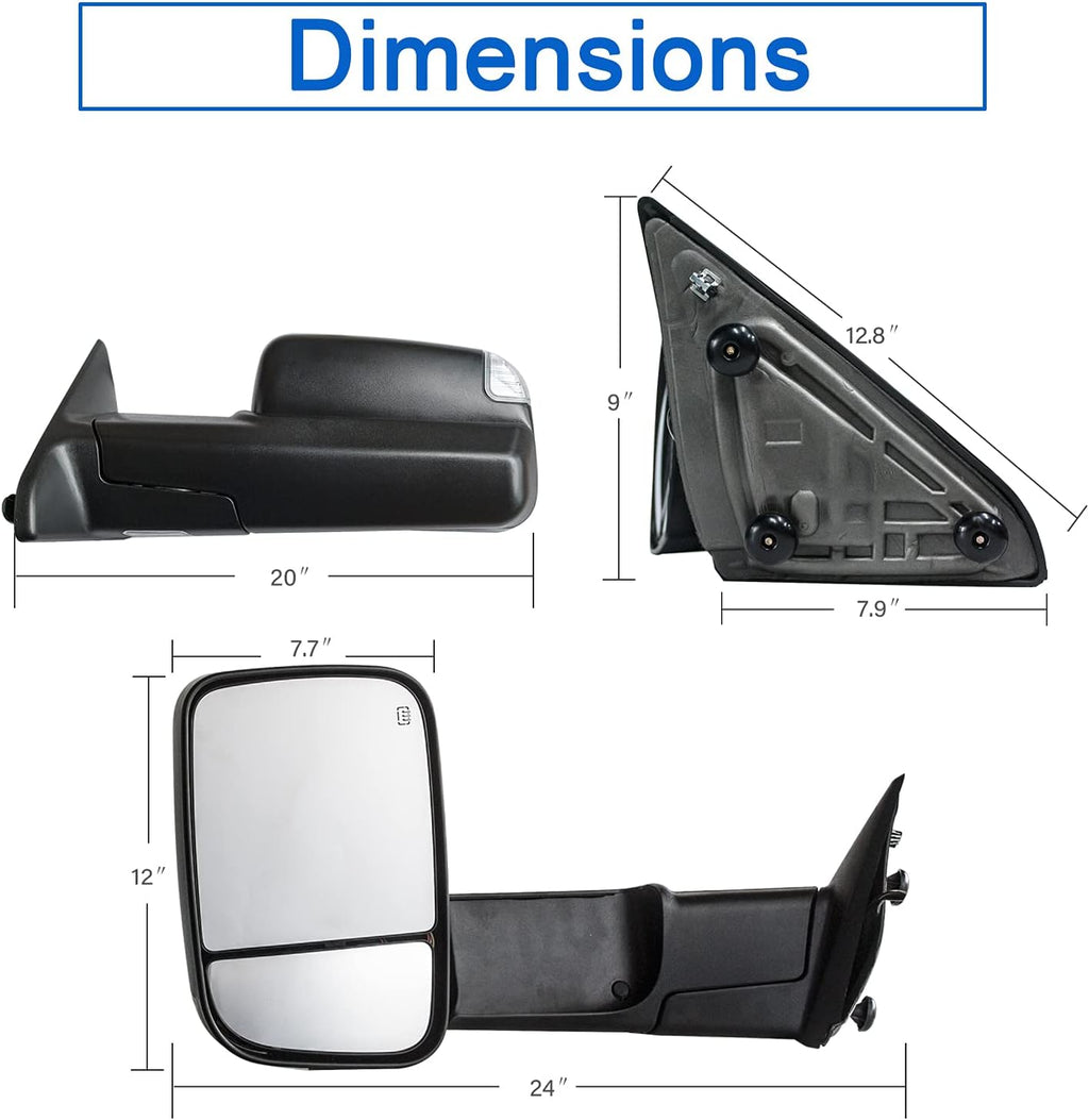 JZSUPER Towing Mirrors fit fo 2009-2018 Dodge Ram 1500, 2010-2018 2500 3500, 2019-2024 Ram 1500 Classic with Power Heated LED Turn Signal Lights Puddle Lamp Temperature Sensor Foldaway