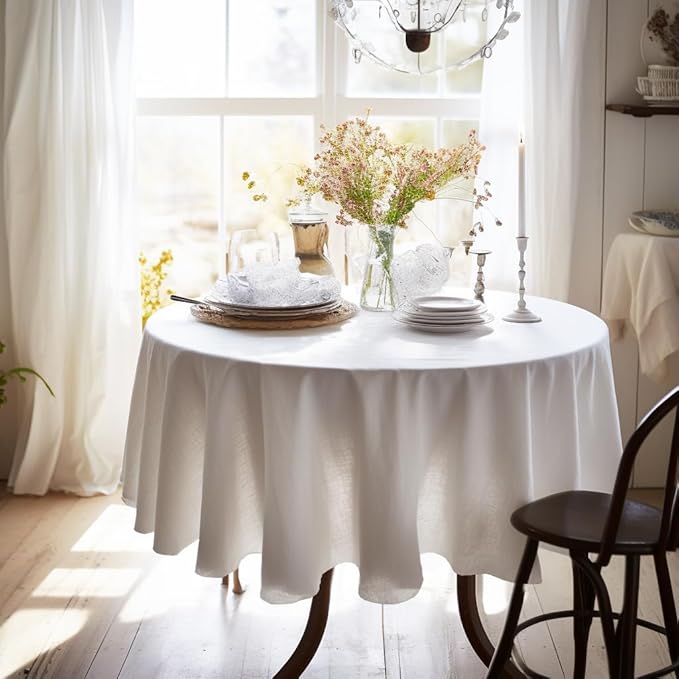 EVERLY 100% Pure Linen Round Tablecloths 90Inch Round Machine Washable Tablec...