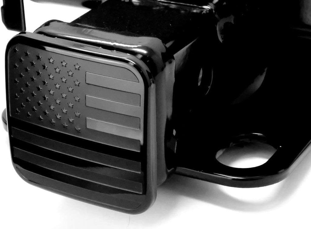 American Black Flag Trailer Hitch Cover for 2 Inch Receiver – Matte Black Metal USA Flag Hitch Plug – Heavy Duty Rubber & Aluminum Tow Hitch Cover – No Pin Required