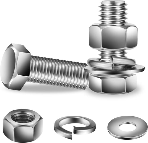 1/2-13 x 1-1/4" Hex Head Screw Bolt, Flat & Lock Washers, Fully Threaded