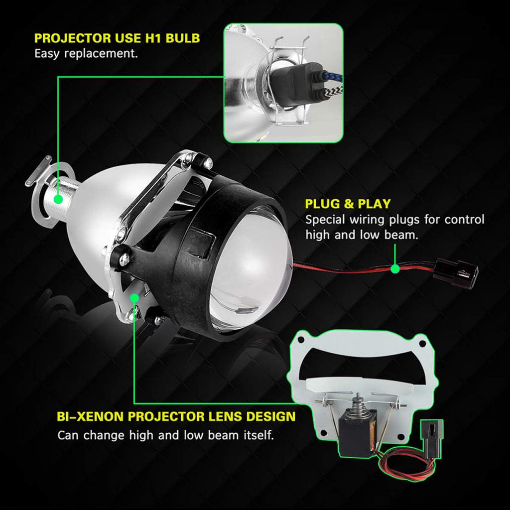 2.5 inch Bi-Xenon HID Projector Lens H4 H7 H11 Car Retrofit Styling Use H1 light Universal (Black Shroud with White Angel Eyes)