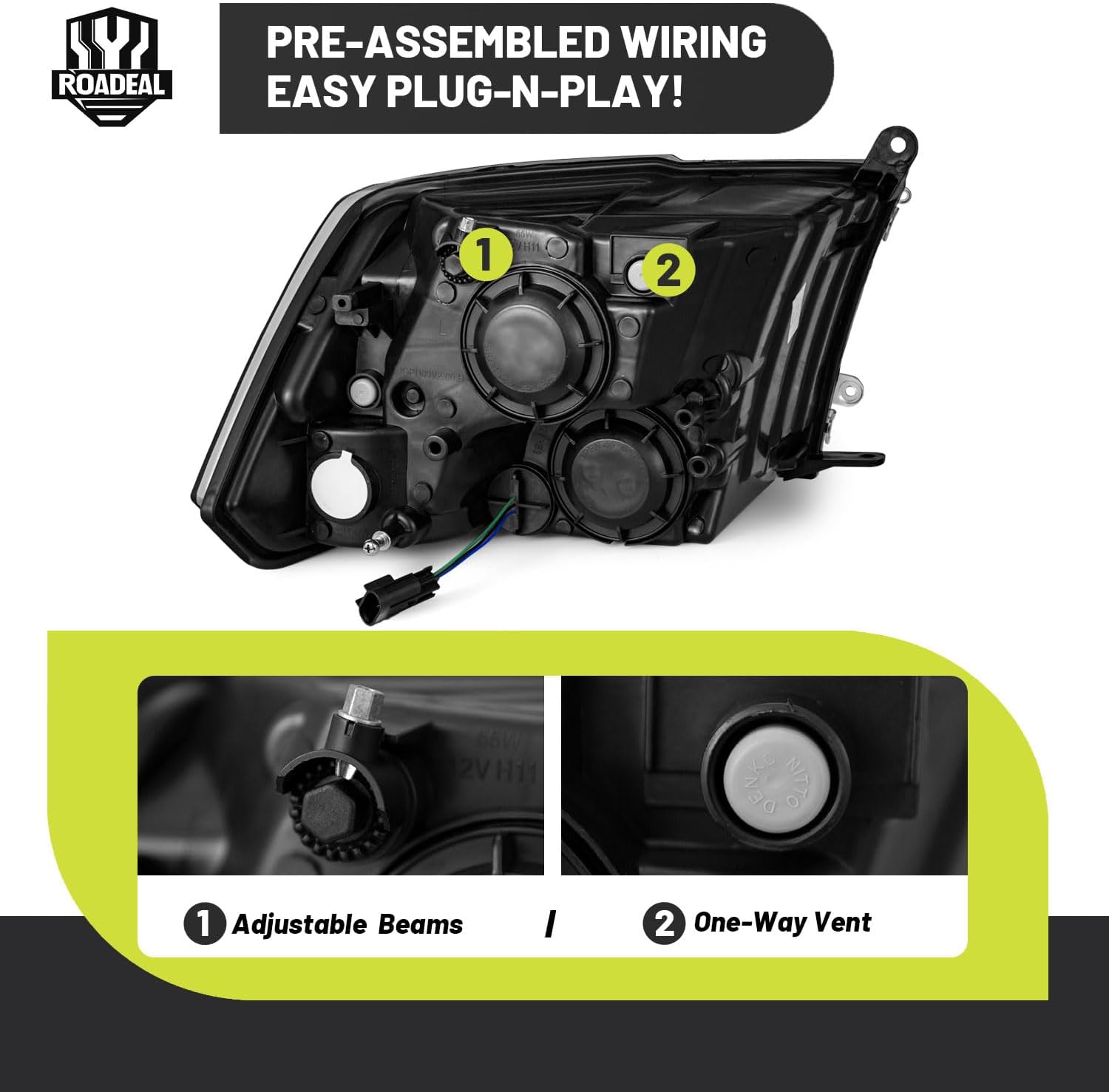 Headlights for 2009-2018 Dodge Ram 1500, for 2010-2018 Dodge Ram 2500 3500 with High/Low beam Bulbs, Driver & Passenger Side(ONLY fit Quad-Hole Single Headlight)