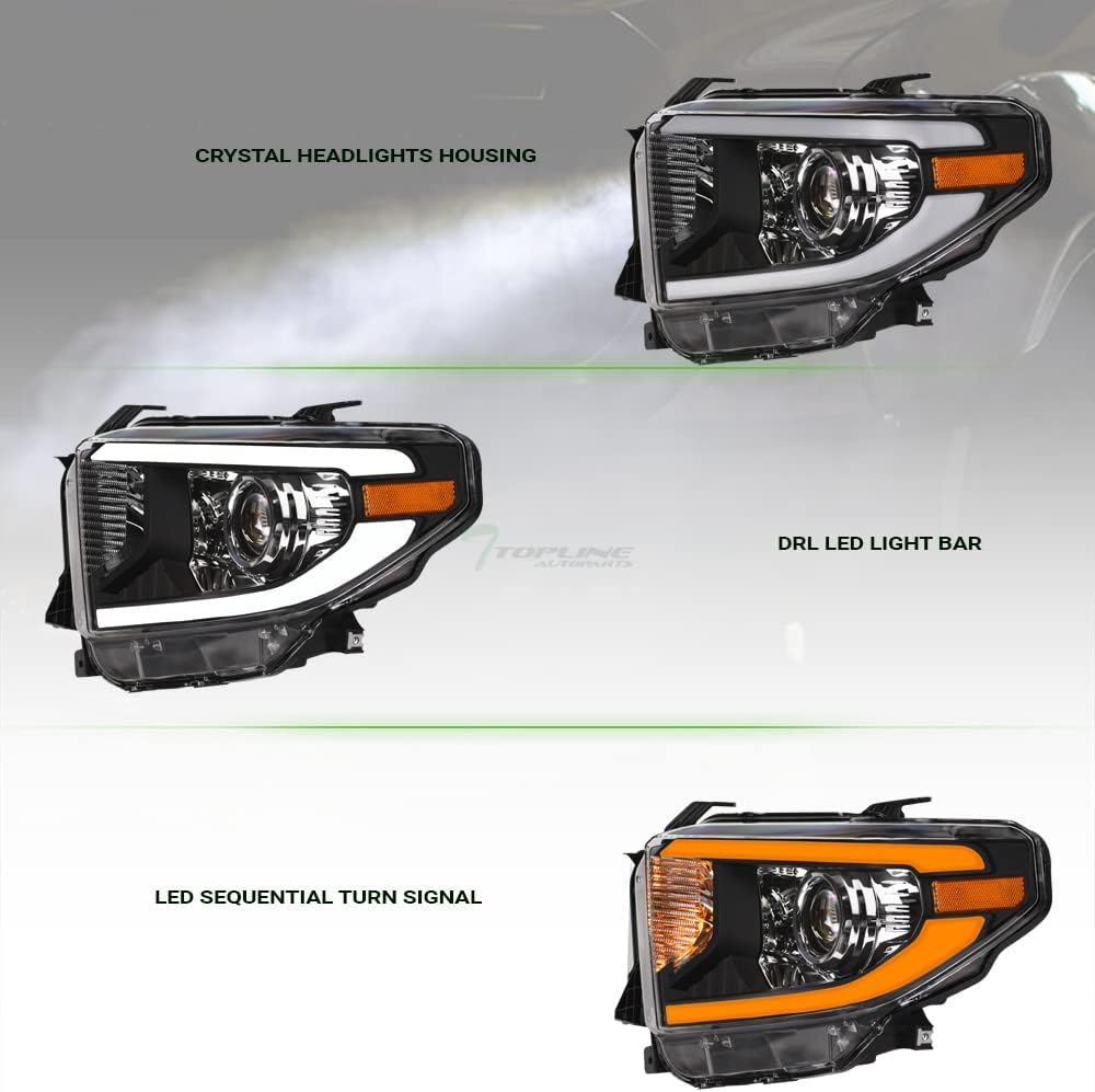 Switchback Sequential LED Strip Tube Bar Black Housing Projector Headlights Amber Reflector nb Compatible With 14-21 Toyota Tundra With Level Adjuster