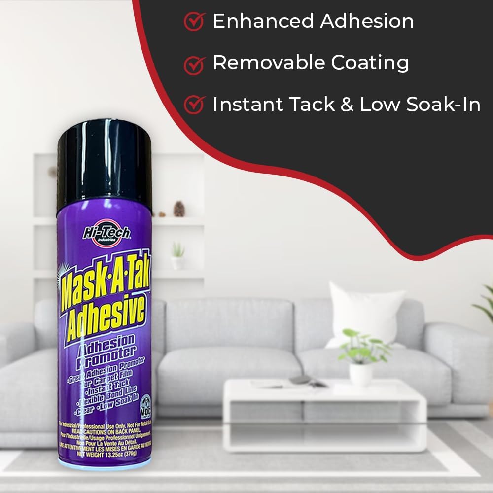 HI-TECH Mask-A-Tak Adhesive Promoter Spray – Instant Tack Bonding for Carpet Film, Clear Low-Soak Formula for Auto Interior Protection – 14 oz Aerosol