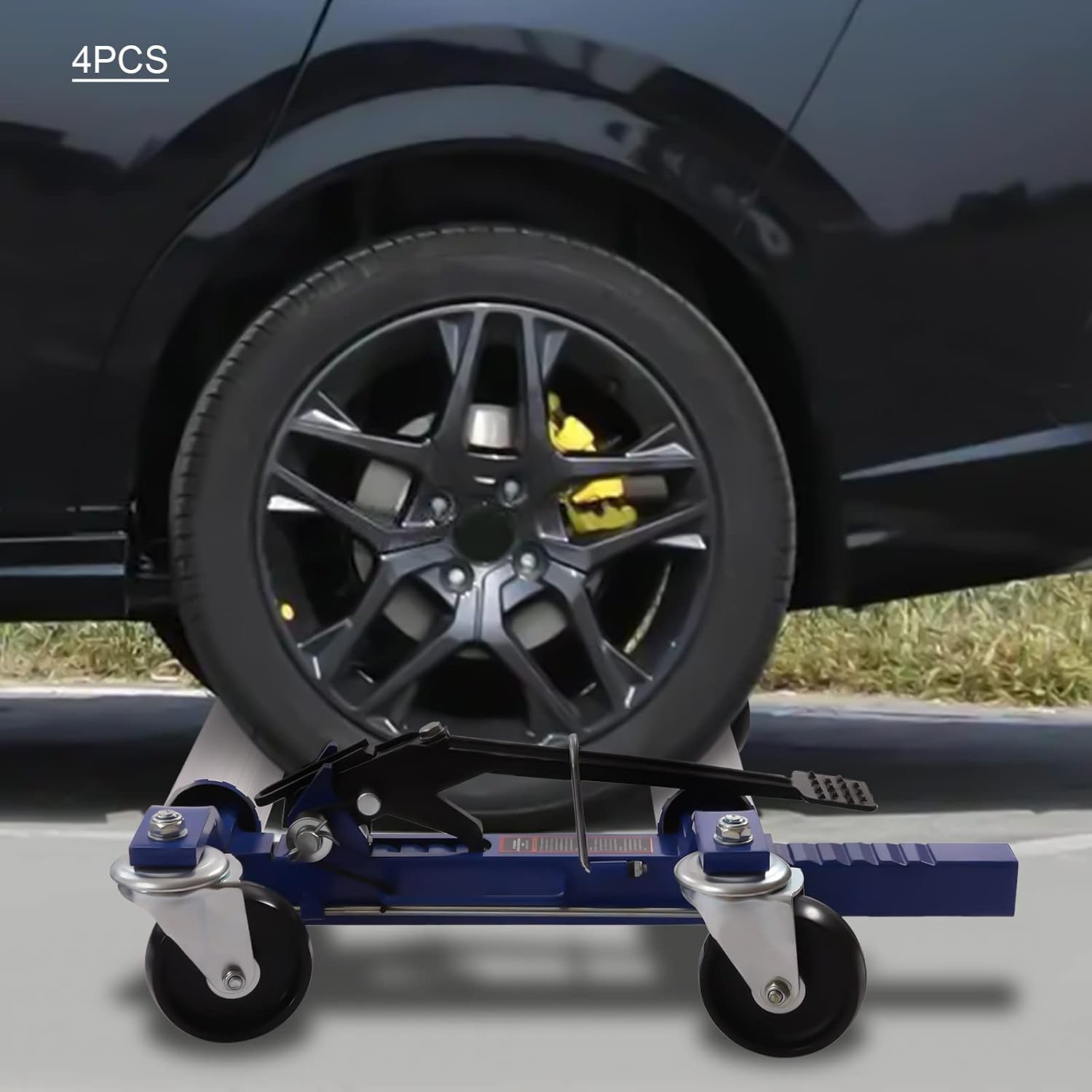 4-Piece Ratcheting Wheel Dollies Set, 5200lbs Capacity, Adjustable 10-22in | 360° Nylon Wheels, Heavy Duty Steel, Foot Pedal, Easy Move Car Tire Skates, Garage, Auto Shop, Silver Blue Black