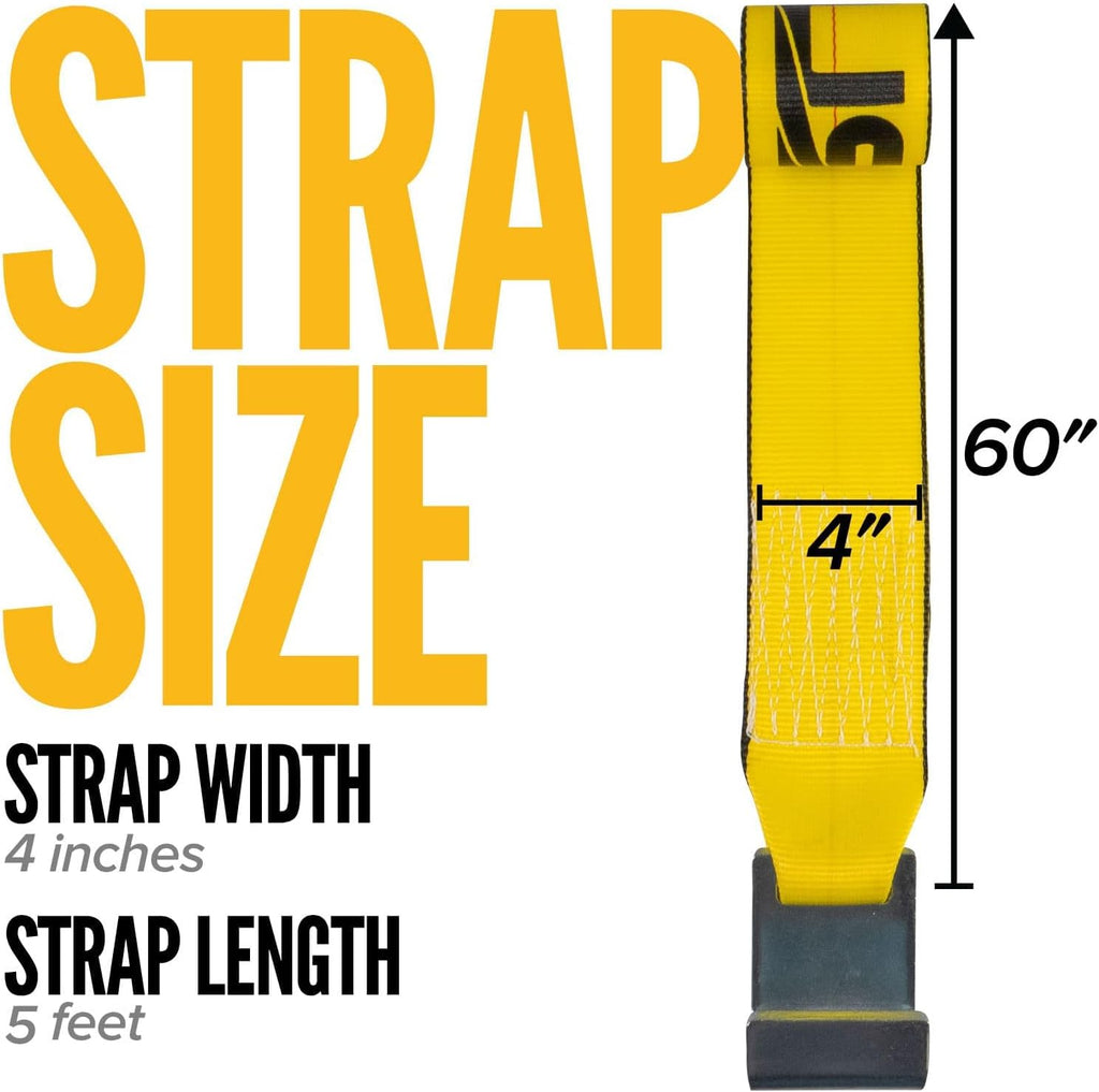 US Cargo Control 4" x 5' Roll Off Container Winch Straps with Flat Hook & Sewn Loop End (2 Pack), 5,400 LBS Working Load Limit, 4 Inch Winch Straps for Roll Off Dumpster and Container Trucks