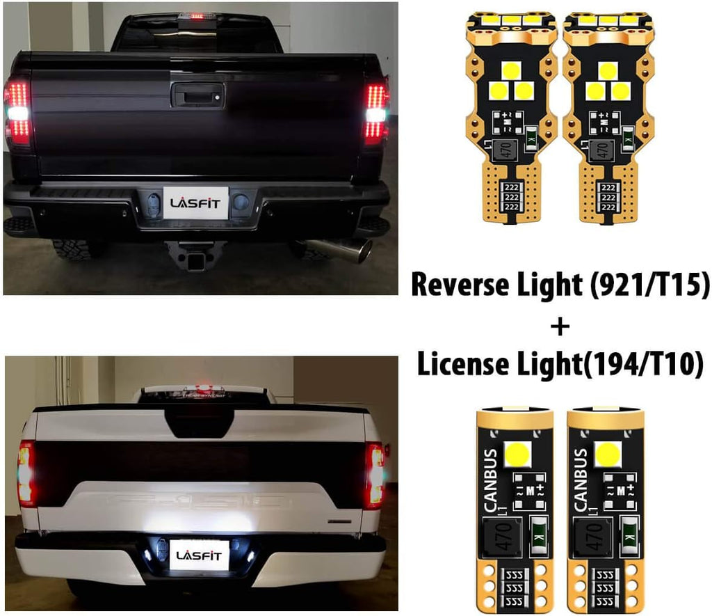 LASFIT 194 168 2825/921 912 W5W LED Bulbs Canbus White Combo Kit, License Plate Light and Back Up Reverse Light White Combo, 6000K, Non-Polarity, Pack of 4