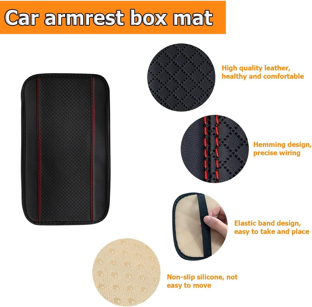 8sanlione Car Armrest Storage Box Mat, Fiber Leather Car Center Console Cover, Car Armrest Seat Box Cover Accessories Interior Protection for Most Vehicle, SUV, Truck, Car (Black/Red)
