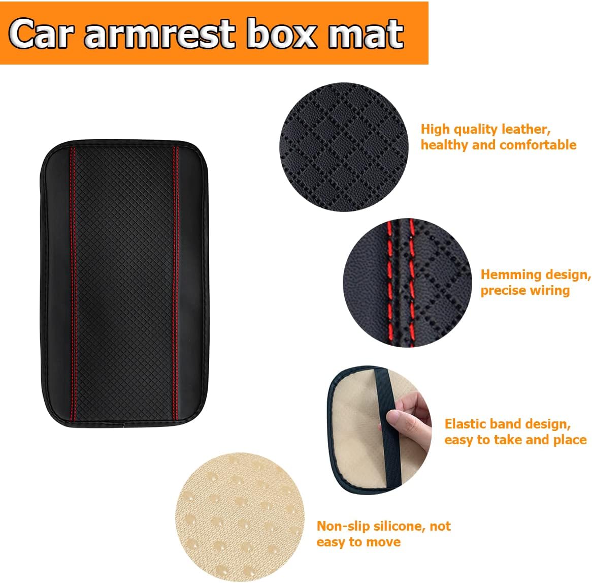 8sanlione Car Armrest Storage Box Mat, Fiber Leather Car Center Console Cover, Car Armrest Seat Box Cover Accessories Interior Protection for Most Vehicle, SUV, Truck, Car (Black/Red)