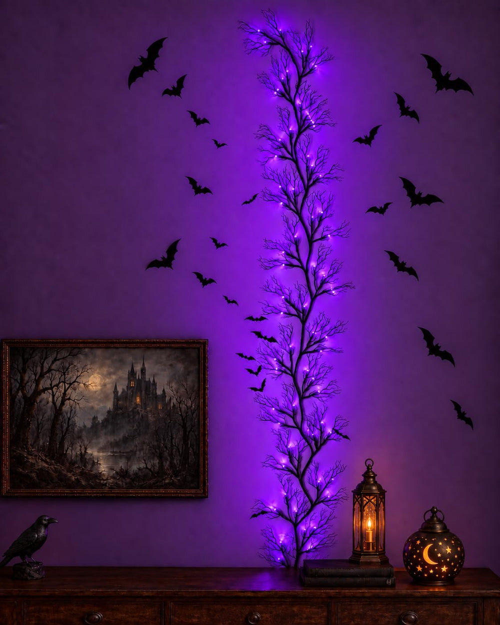 Halloween Twig Garland Decoration with 45 Purple LED Lights, 9 FT