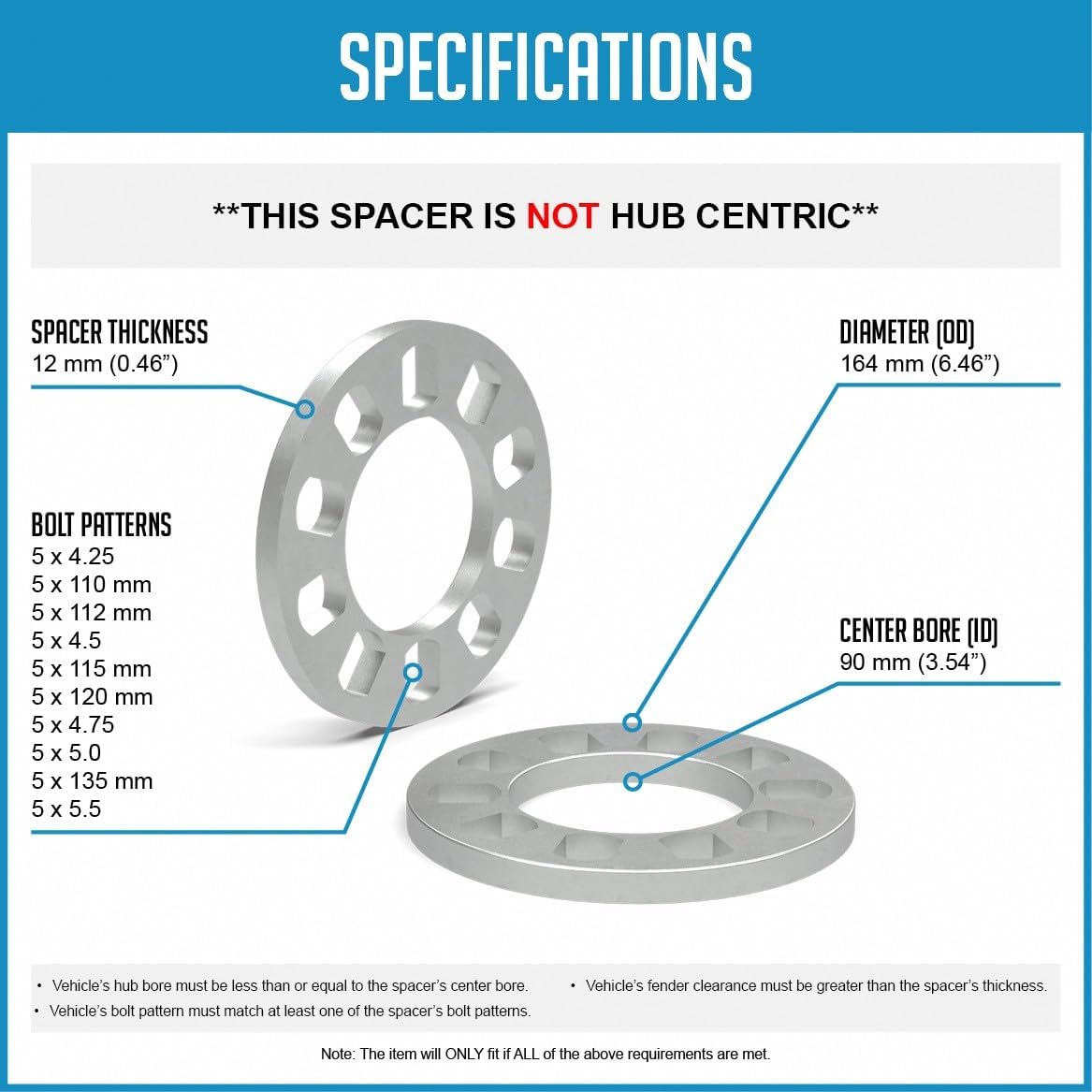 Wheel Accessories Parts 4 Pcs Die Cast Wheel Spacer 12mm 1/2" Thick Fits Bolt Patterns 5x4.25 5x110 5x112mm 5x4.5 5x115 5x120mm 5x4.75 5x5 5x135mm Fits 5 Lug Pass Cars Light Trucks - Not Hub Centric