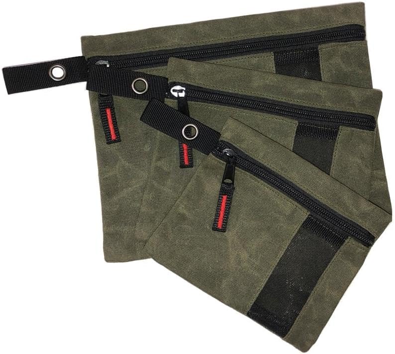 Overland Vehicle Systems Small Size 3-Bag Set of Storage Bags with Mesh Windows- #12 Waxed Canvas - Infused with Paraffin Wax Waterproofing - Universal For, Tools, Automotive, and more!