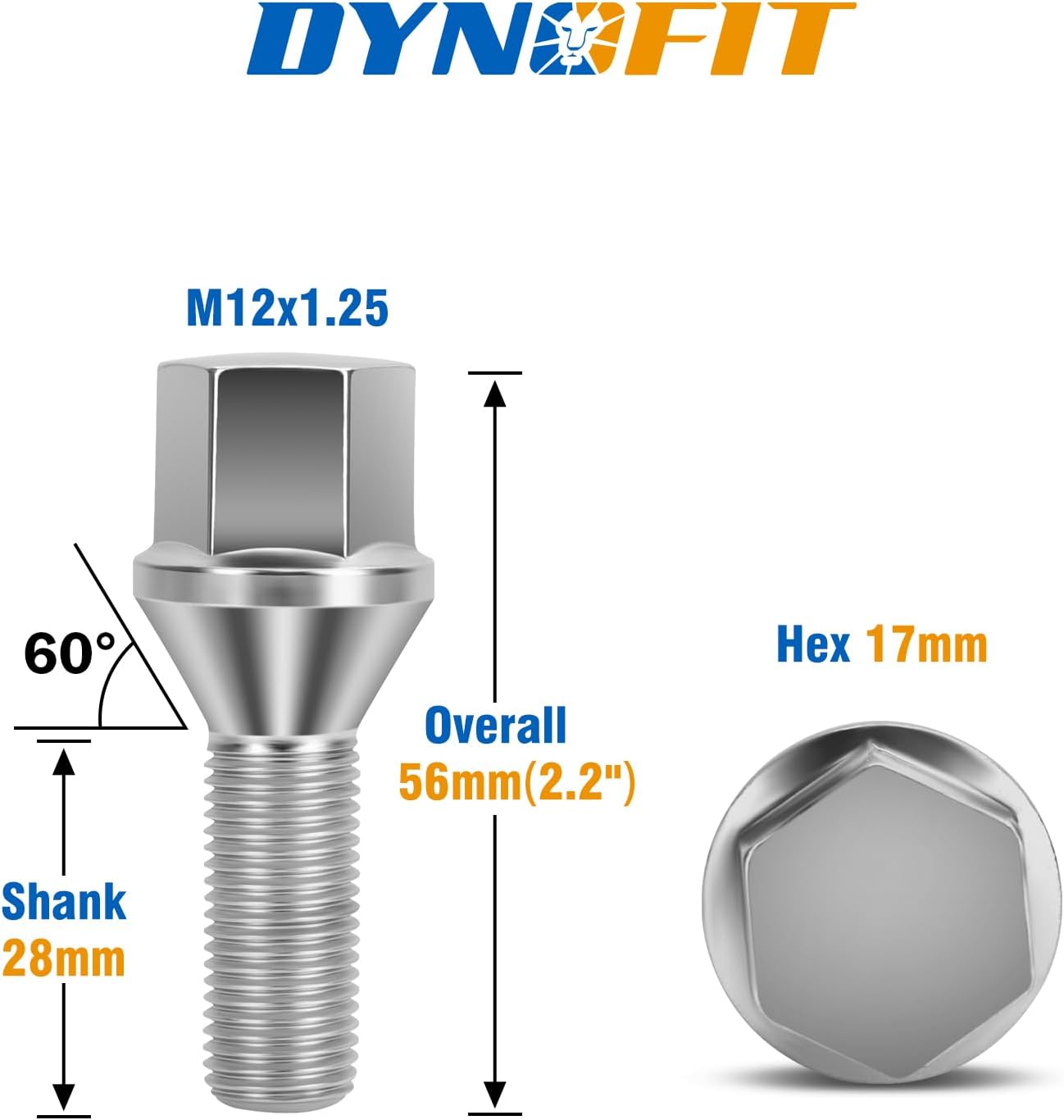 Dynofit M12x1.25 Lug Bolts Set Compatible with Je-ep Compass Cherokee Renegade, 20pcs 12mmx1.25 Lug Nuts Stud for Fiat 500 Dodge Dart Chrysler 200, 28mm Shank Wheel Bolts Replace OE#6511051AA 611-005