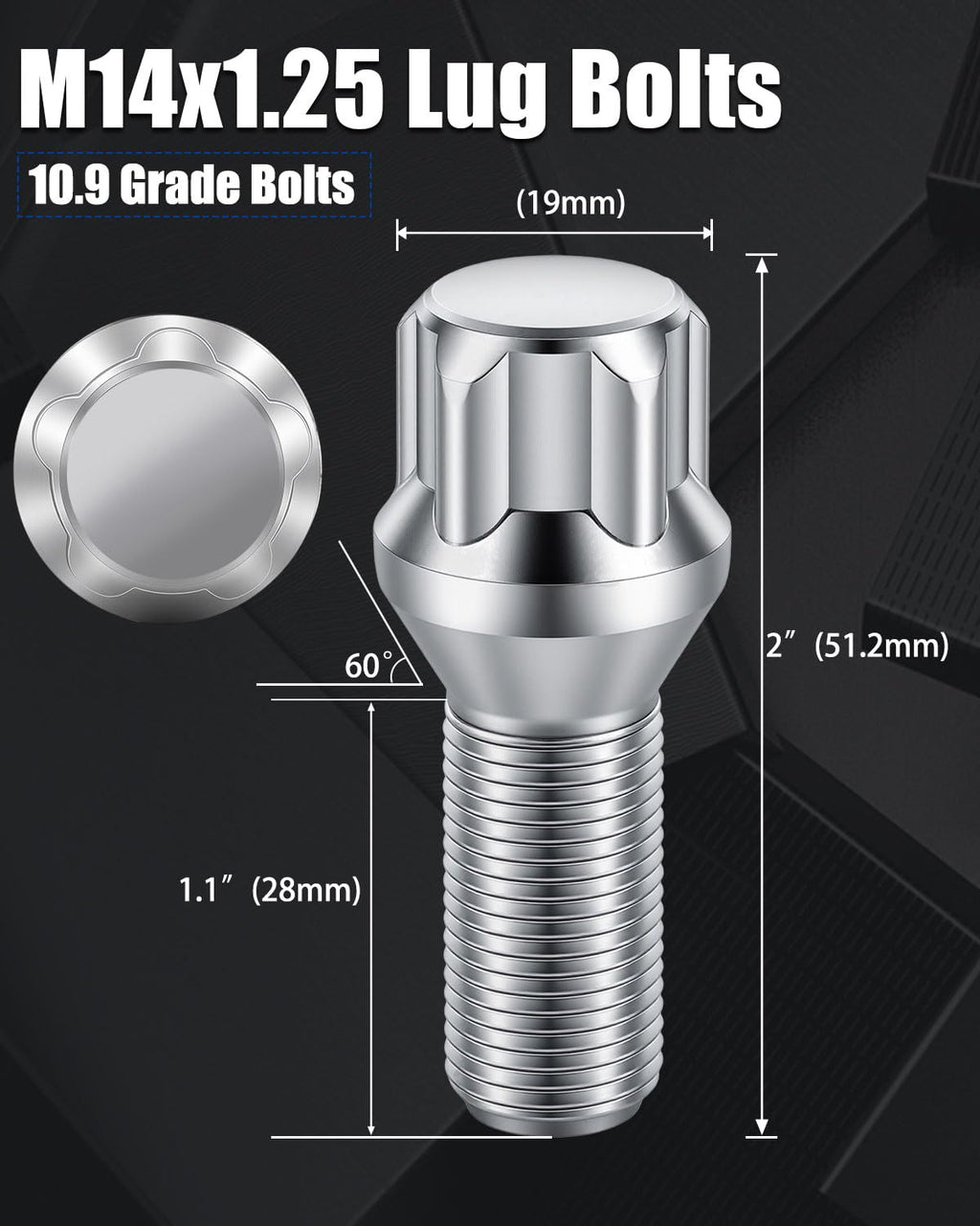 GAsupply 14X1.25 Lug Bolts 4 Locks + Key Fit for BMW Mini Aftermarket Wheels, 28mm Shank Length, Acorn Conical Seat Chrome Lock Lug Bolt Studs Dual 17mm & 19mm Hex Key