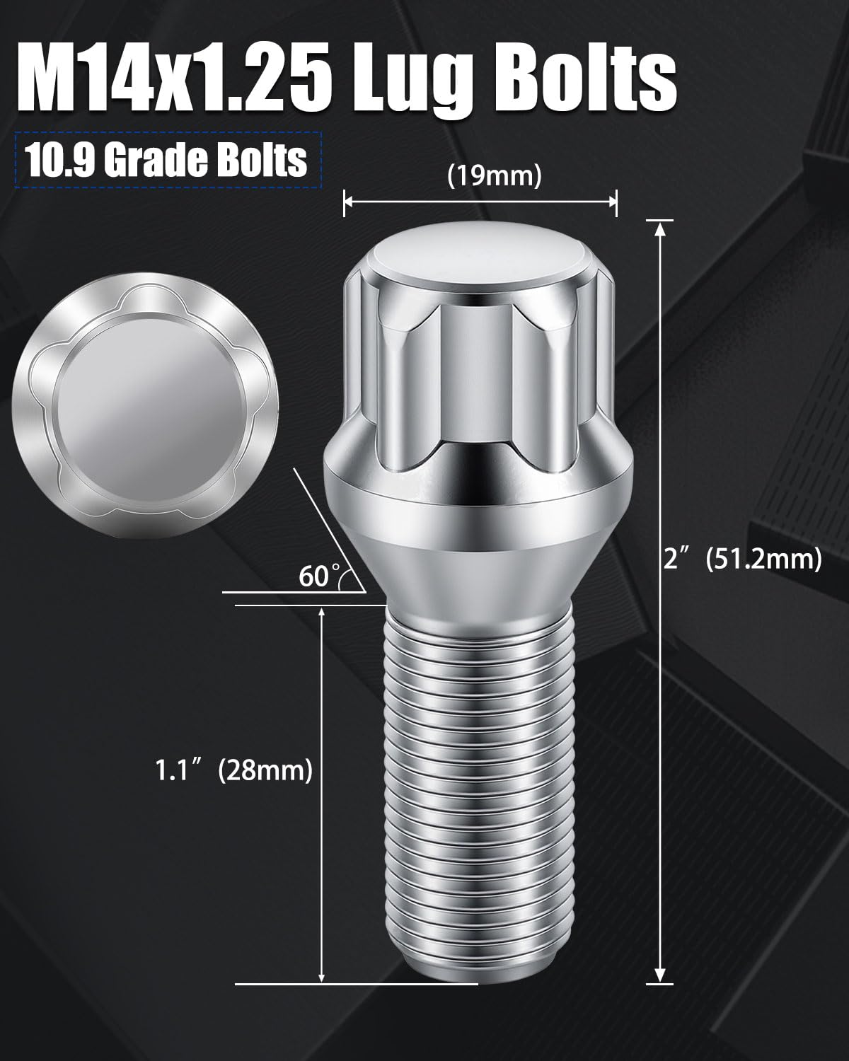 GAsupply 14X1.25 Lug Bolts 4 Locks + Key Fit for BMW Mini Aftermarket Wheels, 28mm Shank Length, Acorn Conical Seat Chrome Lock Lug Bolt Studs Dual 17mm & 19mm Hex Key