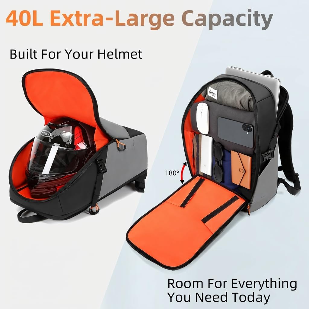 Reflective Motorcycle Helmet Backpack with Rain Cover, 40L Waterproof 1680D Oxford Fabric Helmet Backpack， Mochila Para Motociclista Laptop Compartment for Long Distance Travel, Commuting, Work & Gym