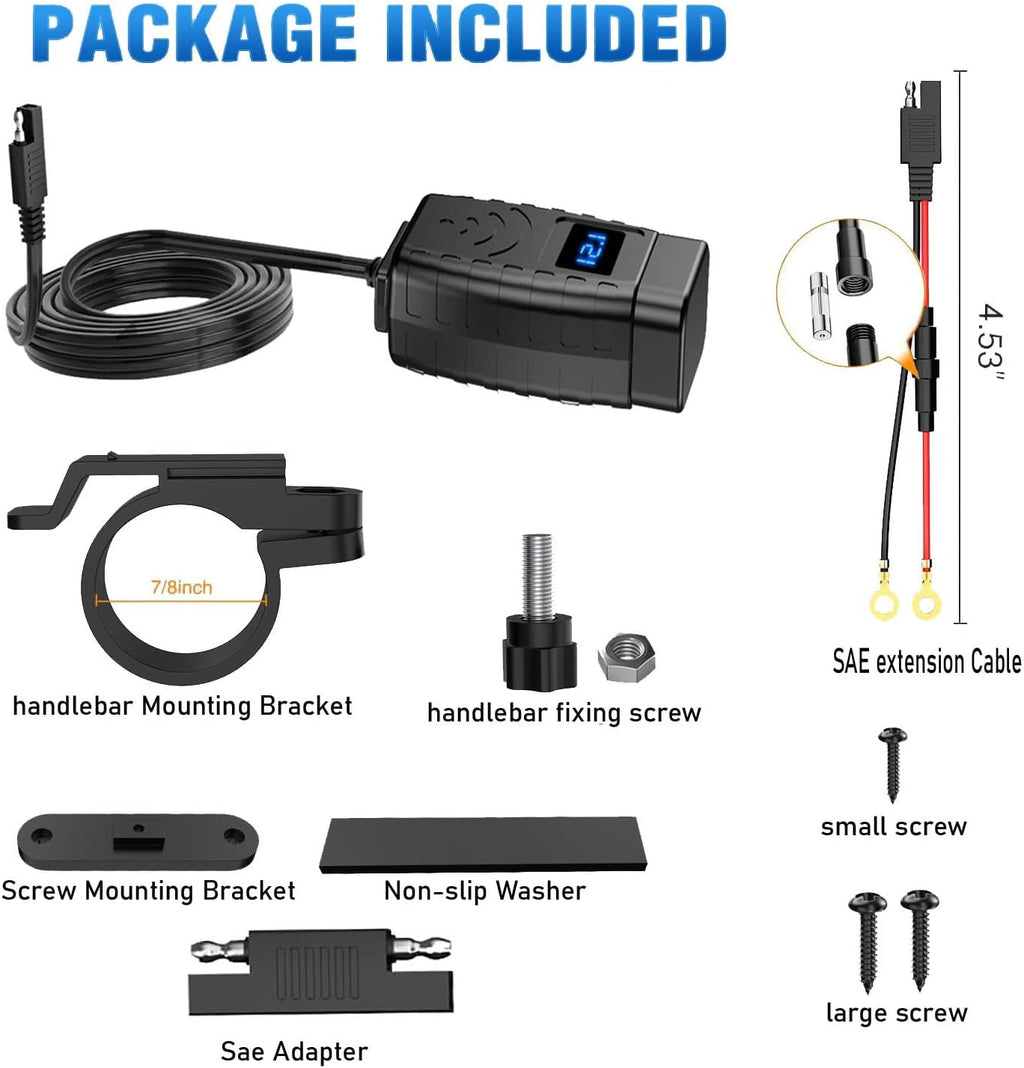 Motorcycle Phone Charger,Dual USB Type C PD & Quick Charge 3.0 Motorcycle USB Charger with Voltmeter & ON/Off Switch, Waterproof Motorcycle Accessories for Phone, Tablet, GPS, etc