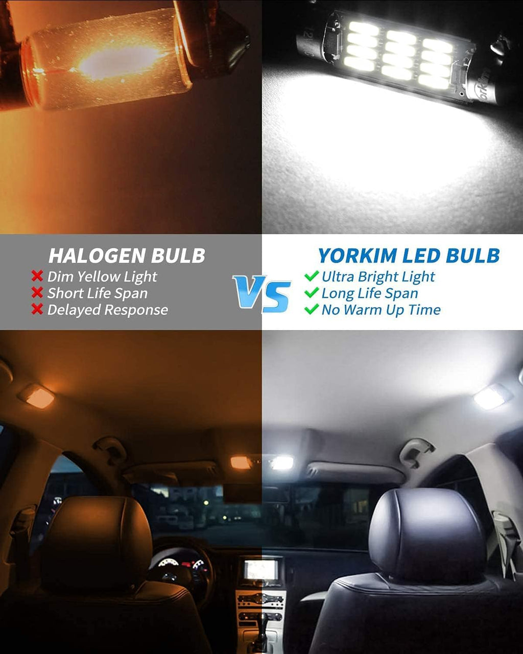 Yorkim 6418 LED Bulb, 36mm LED 6500K White Super Bright Interior Lights 12-SMD 4014 Chipsets, Festoon LED 36mm 37mm 38mm, DE3021 C5W Bulb White, Pack of 2