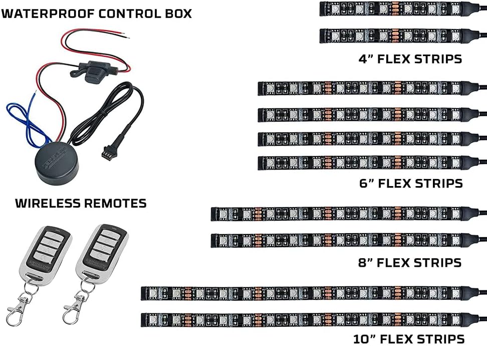 LEDGlow 10pc Advanced Million Color LED Motorcycle Accent Underlow Light Kit - 15 Solid Colors - 6 Patterns - Multi-Color Flexible Strips - Includes Waterproof Control Box & 2 Wireless Remotes