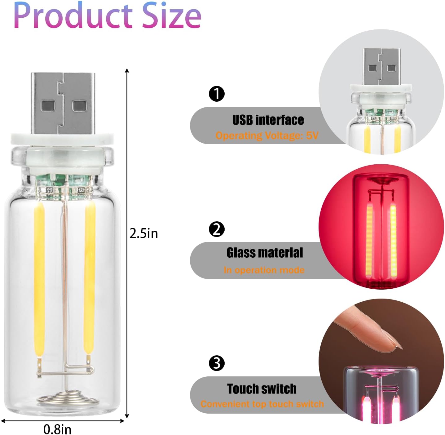 1 Pack Car LED Lights Interior, USB Light for Car Decor & Bedroom, Touch Dimmable Ambient Lighting, Mini Glass Bottle Night Light for Camping Gifts-Purple