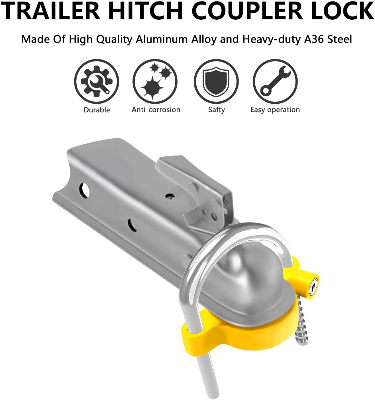 Funmit Trailer Lock Universal Coupler Ball Lock Fits 1-7/8", 2", and 2-5/16" Couplers, Boat Camper Accessories for Travel Trailers Adjustable Heavy-Duty Steel Hitch Lock Yellow