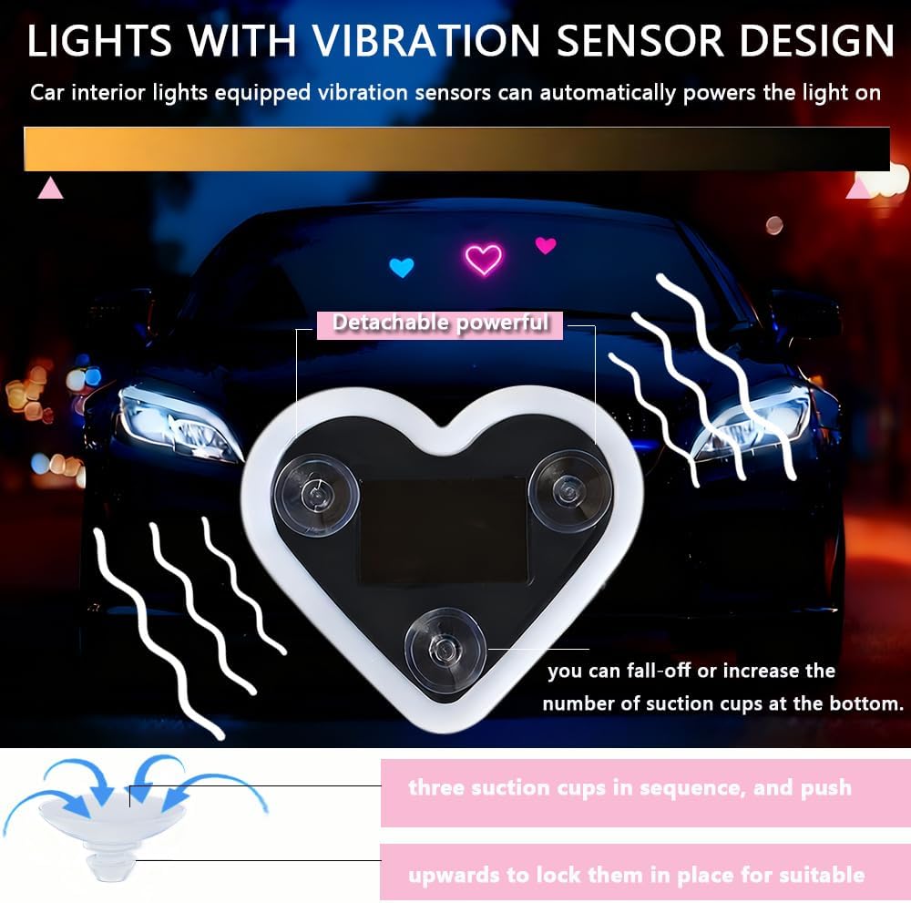 2Pcs Solar Powered Heart Light for Car, LED Wireless Ambient Lamp with 6 Modes & Vibration Sensor Can Automatically Power the Light On, Romantic Ambient Gift for Couples (Pink)