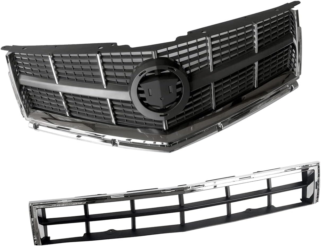 PartsFlow Chrome Black Front Bumper Upper Lower Mesh Grille Grill For 2010 2011 2012 Cadillac SRX 25778326 104-2225