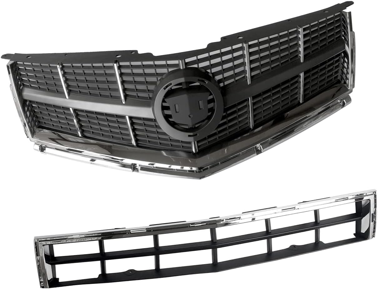 PartsFlow Chrome Black Front Bumper Upper Lower Mesh Grille Grill For 2010 2011 2012 Cadillac SRX 25778326 104-2225