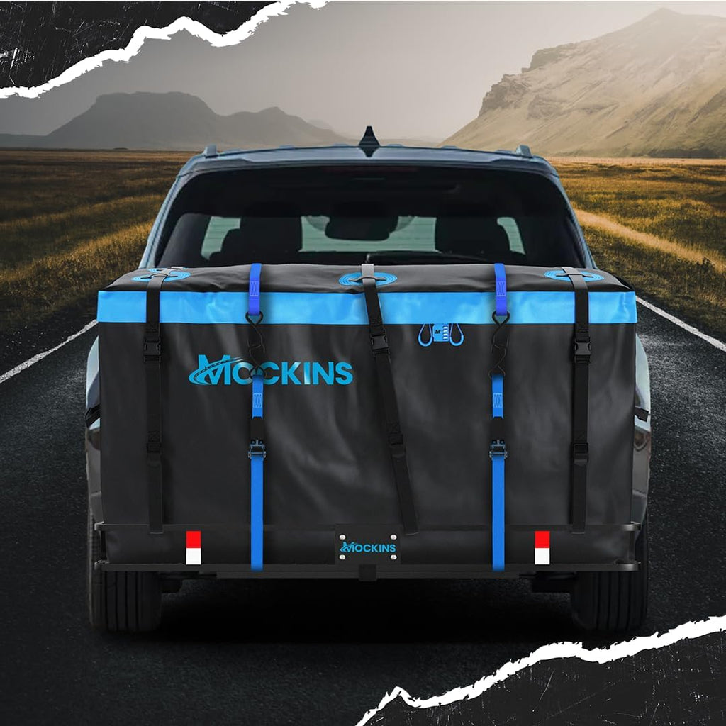 Mockins 25 Cu Ft Large Weatherproof Trailer Hitch Cargo Carrier Bag Set | 60"x24"x31" Waterproof Cargo Bag for Hitch Carrier & Truck Bed | Vinyl Vehicle Soft-Shell Carriers w/ Straps, Lock & Case