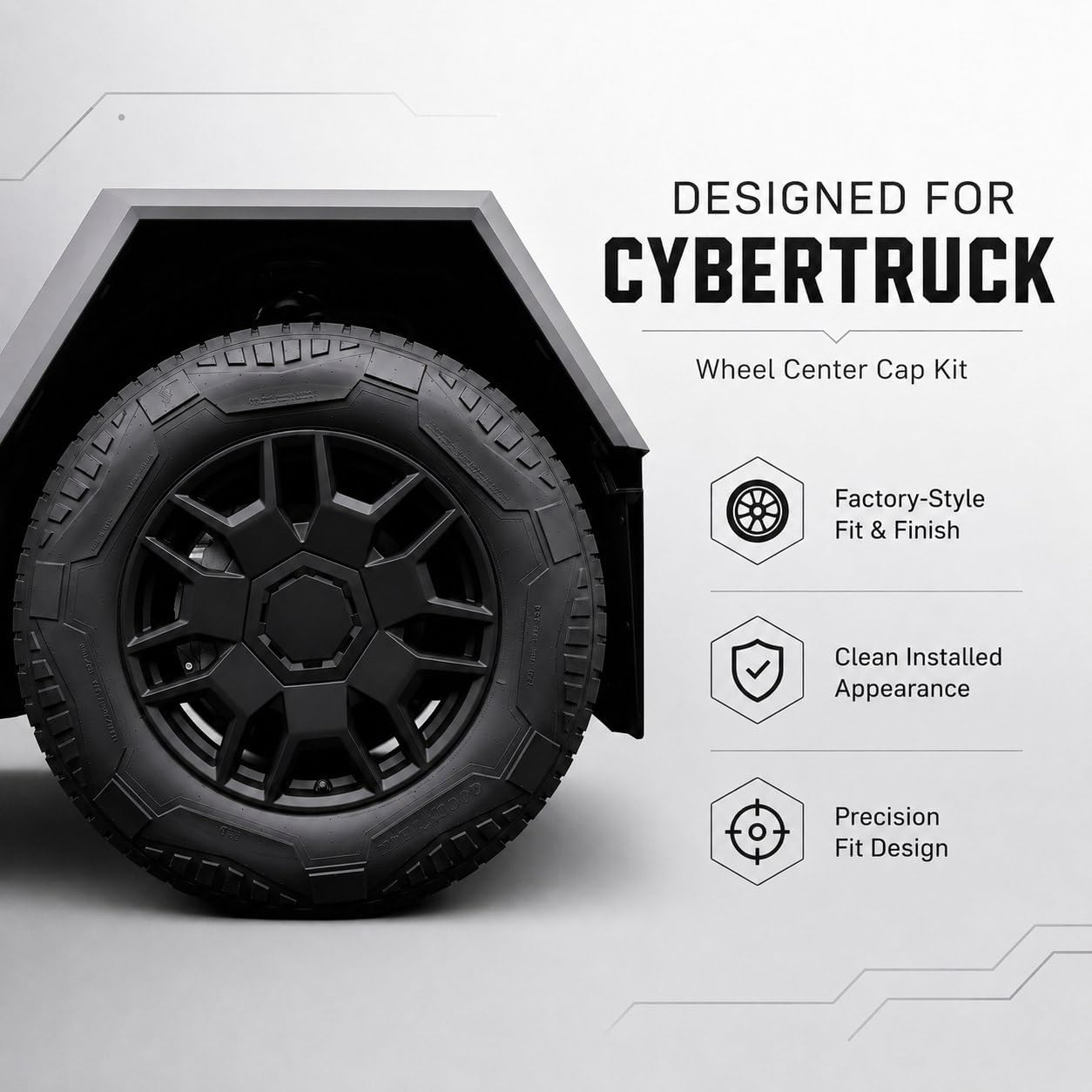 Cyber Wheel Cap Kit for Tesla Cybertruck, Set of 4 Wheel Center Cap Covers, Retail Box Included, Factory-Style Matte Black Replacement Wheel Caps