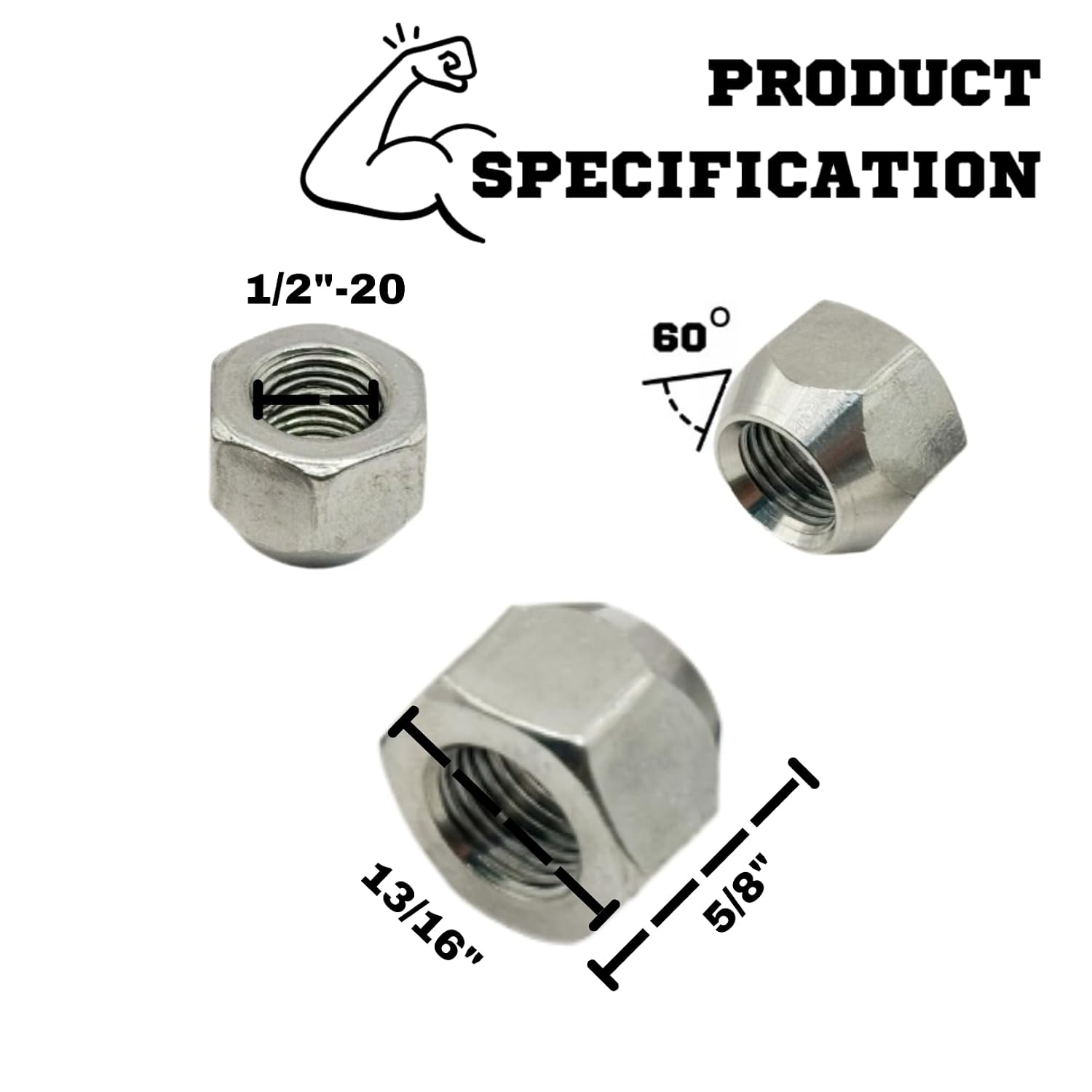 MIGHTY FASTENERS 304 Stainless Steel Open Cone Wheel Nuts, 1/2"-20 Thread, Ideal for Trailers and RVs, Corrosion Resistant, 10-Pack