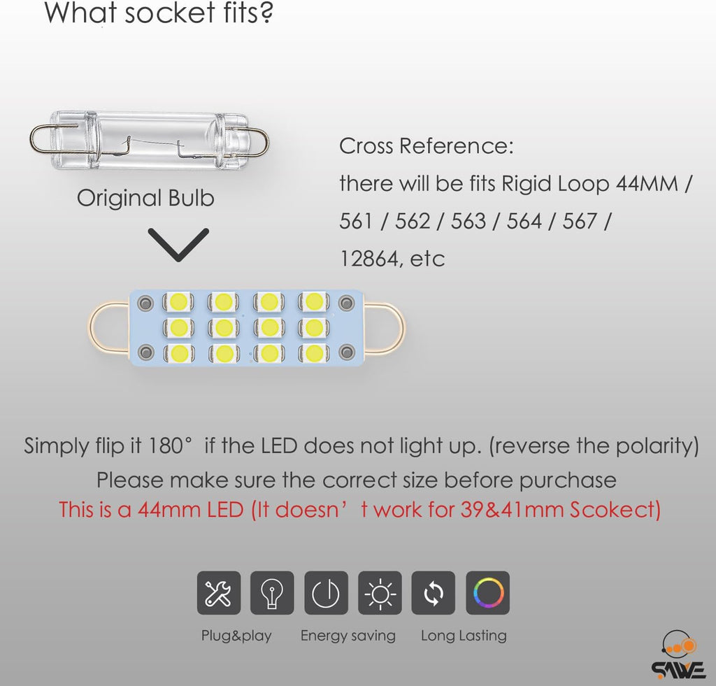 561 Led Bulb White 44mm Rigid Loop for Map Trunk Light 562 567 8pcs | Canbus Error Free 12v Replacement for Interior Car Dome Courtesy Step Cargo Footwell Festoon Lamp 563 564 6000K Super Bright
