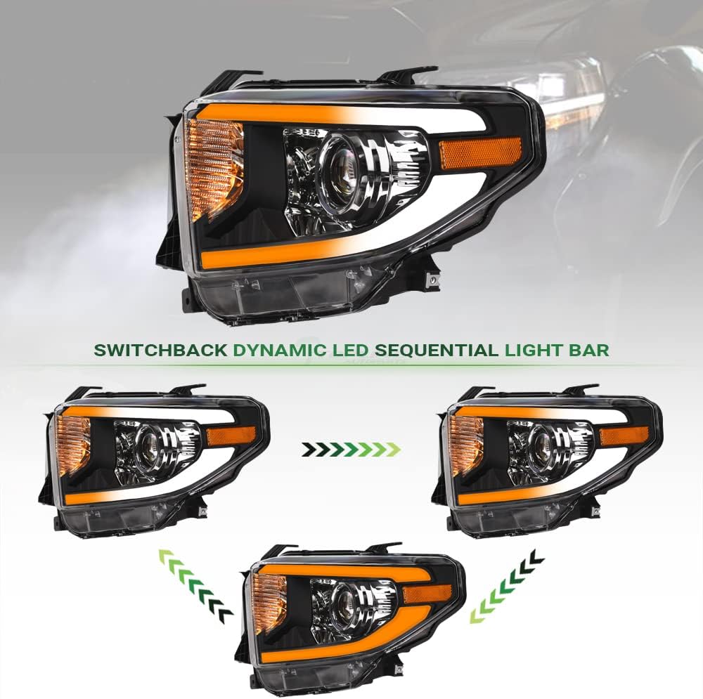 Switchback Sequential LED Strip Tube Bar Black Housing Projector Headlights Amber Reflector nb Compatible With 14-21 Toyota Tundra With Level Adjuster